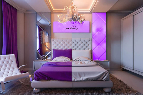 دکوراسیون اتاق خواب با رنگ بنفش و سفید