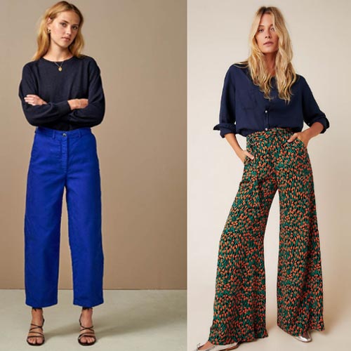 شلوار گشاد و بگ با رنگ و طرح متنوع که برای استایل مثلث وارونه مناسب است.