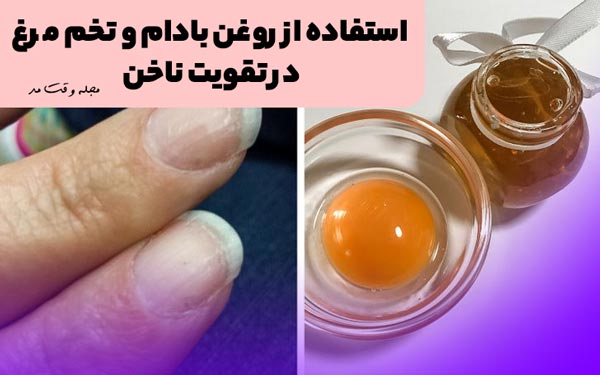 استفاده از روغن بادام و تخم مرغ برای درمان شکنندگی و تقویت ناخن در منزل. از روغن بادام و تخم مرغ در تکنیک خانگی تقویت ناخن استفاده میشود