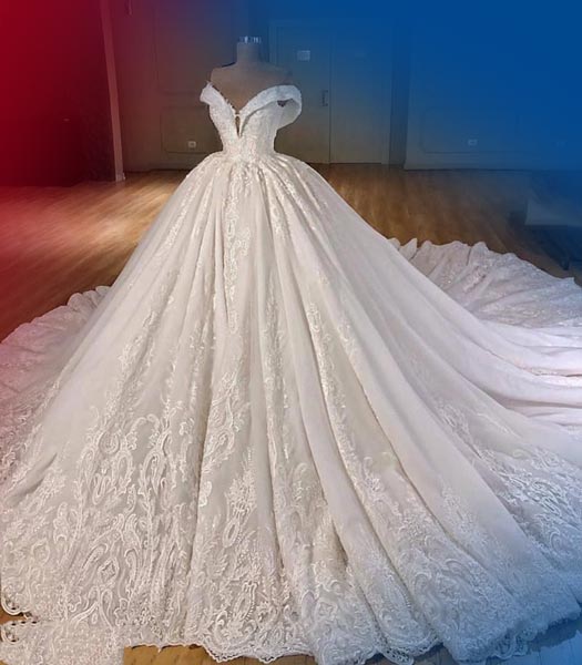 مدل لباس عروس پف دار و یقه افتاده شیک