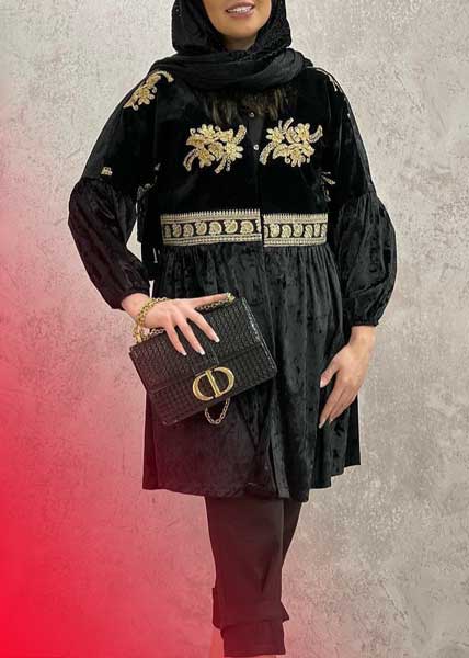 مدل مانتو مخمل طرحدار مناسب افراد قد کوتاه