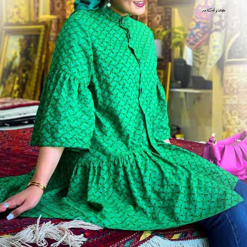 شیکترین مدل مانتو سوزن دوزی زنانه عروسکی چین دار سبز 