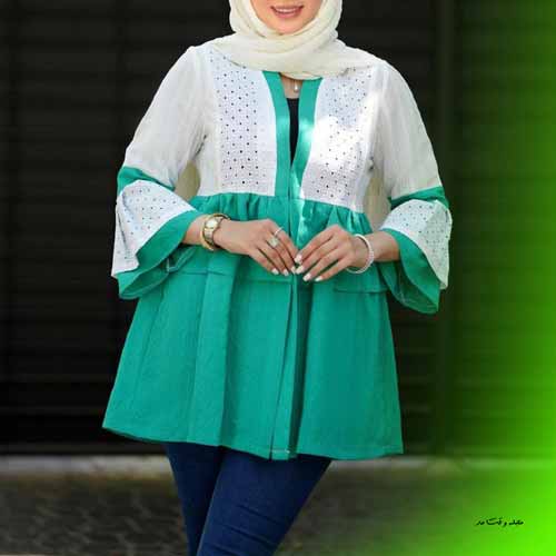 مدل جدید مانتو سوزن دوزی دو رنگ کوتاه و عروسکی دخترانه 