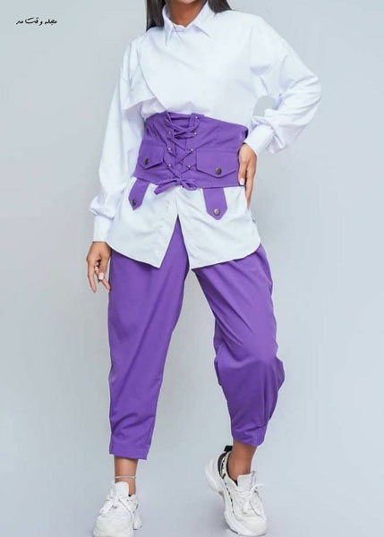 ست شومیز سفید با شلوار برمودا بنفش جدید