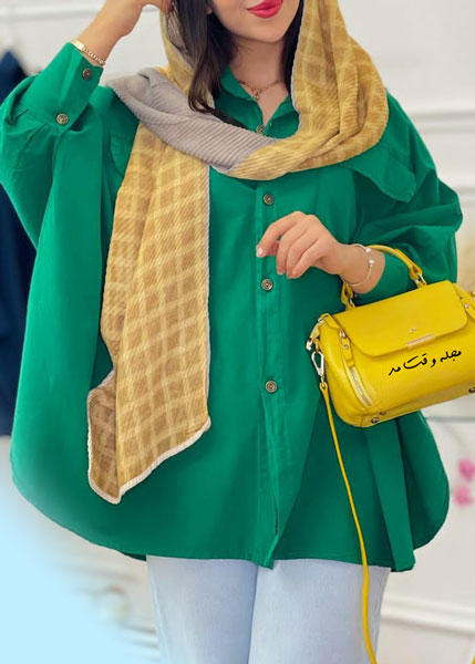 مانتو زنانه کیمونو مدل مچ دار رنگ سبز ست شده با کیف زرد